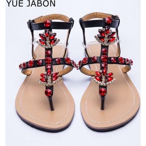 Wholesale Blue Red Gold Rhinestones Chains Flat Sandals Thong Crystal Flip Flops sandals gladiator sandals 44 tenis feminino