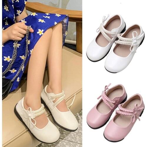 Autumn Girl Leather Shoes Children Pearl Buckle Flat Princess Shoes Korean Style Fashion Girls Shoes 7-16 Years