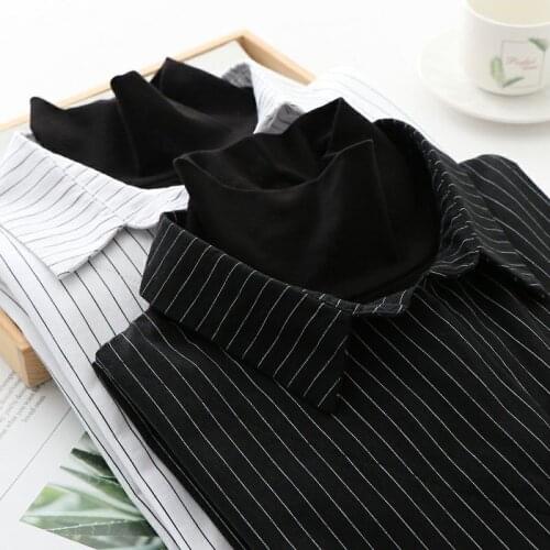Hong Kong-style retro high-necked vertical striped fake two-piece shirt 2021 spring dress new casual wind dark tie loose top