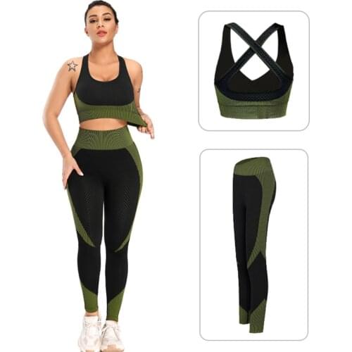 Two Piece Set Women Seamless Yoga Set Workout Clothes Fitness Gym Bra Crop Top High Waist Leggings Sportwear Suit Vest Chest Pad