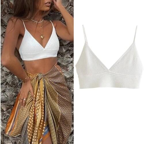 TRAF Women Top Za 2021 White Knitted Crop Top Female V Neck Sleeveless Summer Woman Top Sexy Backless Ribbed Camis Tank Tops