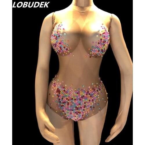 3 Colors Sparkly Rhinestones Leotard Bodysuit Colorful Pearls Sexy One Piece Costume Female Nightclub DJ Singer Dance Costumes