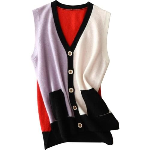 Vintage Patchwork Cashmere Sweater Women V-Neck Women Knitted Vest Single Breasted Sleeveless Sweater for Women