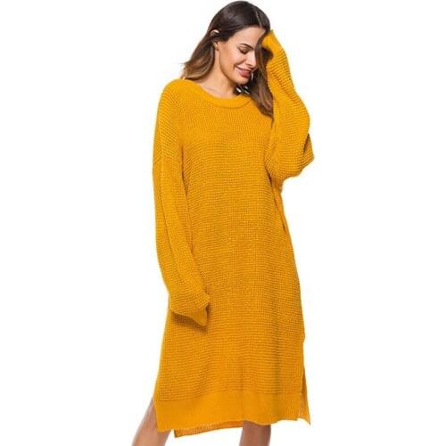 Large Size Knitted Sweater Dress Warm Winter Long Sleeve Loose Sweaters Pullovers Side Slit Chic Jumpers Womens Dresses Clothes
