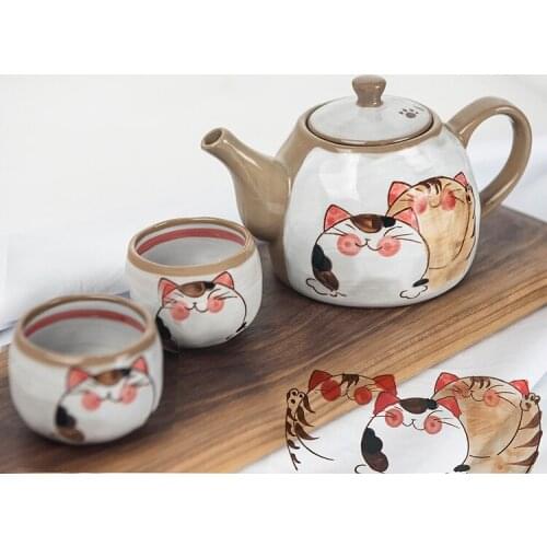Japanese cute cartoon cat Kung Fu teapot tea set rough pottery painted underglaze color