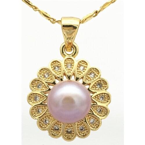 Ladys 5 colors new white/black/purple/grey/pink small natural freshwater pearls 18kgp inlay zircon pendant with chain 13