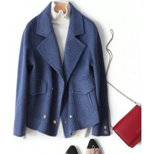 2020 New High Quality Double Sided Cashmere Coat Blue Color Korean Fashion Soft Style Wool Womens Coat for Winter Outerwear