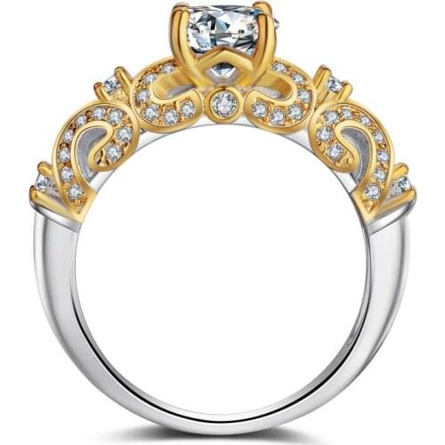 Classical Four Claw Luxury Jewelry 925 Sterling Silver&Yelllow Gold Filled color Round Cut 5A CZ Women Wedding Band Hollow Ring