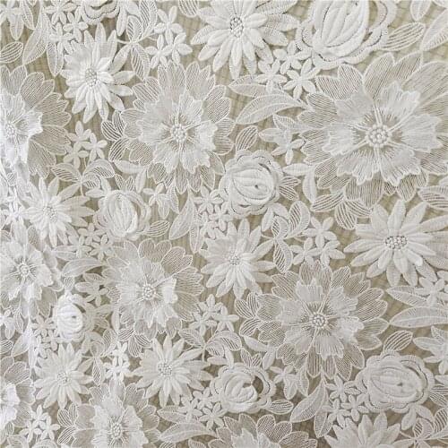 1 Yards 130CM Width With Sequins Top Quality Off White Gorgeous Embroidered French Lace Fabric 3D Bridal Lace Fabric