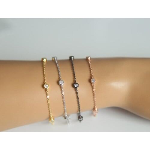 2017 sparking bling 3mm bezel cz charm 4 pcs cz station simple chain girl women 925 silver thin chain bracelet