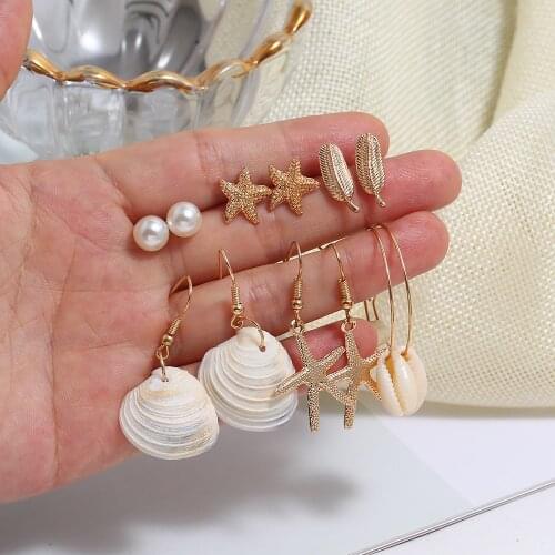 Clothing Accessories Fashion Creative Geometric Set Charm Earrings With Faux Pearl Metal Embossed Leaves Starfish Shell Earrings
