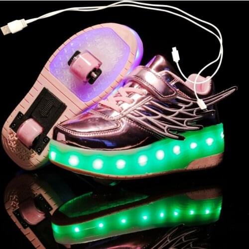 Children Two Wheels Luminous Glowing Sneakers Black Gold Led Light Roller Skate Shoes Kids Led Shoes Boys Girls USB Charging