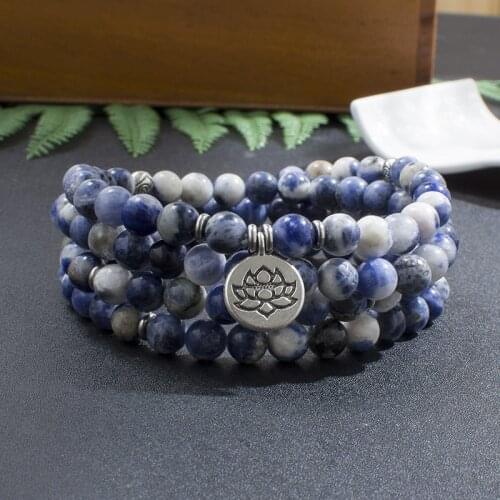 Natural 8mm Flower Blue Veined Beaded Elastic Wrap 108 Mala Bracelet Meditation Yoga Healing Jewelry Men and Women Lotus Rosary