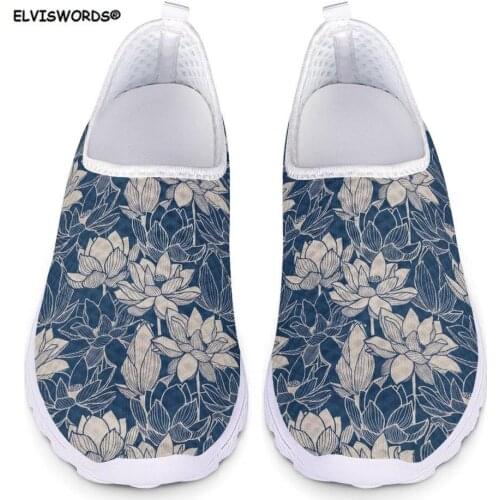 ELVISWORDS Fashion Floral Style Ladies Shoes Flats Sneakers Flower Lotus Printing Casual Mesh Womens Comfortable Girls Shoes