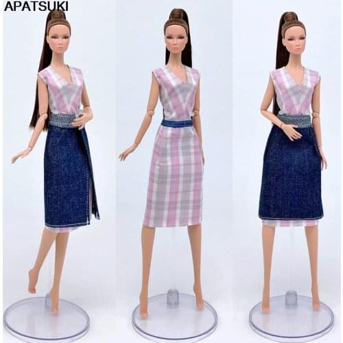 2pcs/set Fashion Clothes Set For Barbie Doll Outfits Colorful Plaid Dress & Denim Jeans Skirt 1/6 Doll Accessories Kids Toy