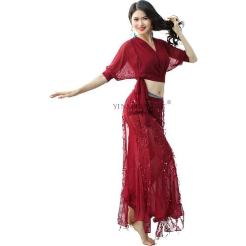 Red Black Belly Dance Exercise Clothing Modal Mesh Top Sequin Tassel Skirt Beginner Dance Practice Clothes New Style Women Sexy