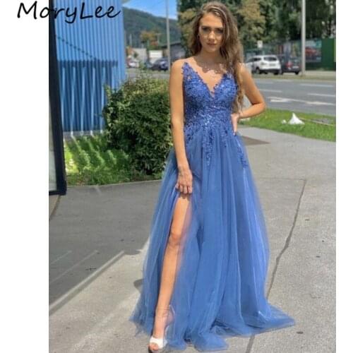 Prom Dresses Blue V-Neck A-Line Side Slit Soft Tulle Lace Crystal Prom Dresses With Zipper Back vestidos de fiesta de noche