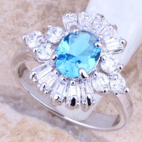 Terrific Sky Blue Cubic Zirconia White CZ Silver Plated Womens Jewelry Ring Size 6 / 7 / 8 / 9 R1201