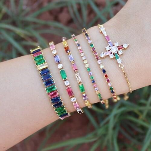 Rainbow Adjustable Bracelets CZ Gold Filled Wholesale Bar Pendant For Women Bling DIY Gift Colorful pulseras mujer