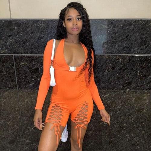 Sexy Women Jumpsuit Knit Ribbed Full Sleeve Cross Bandage Deep V-neck Short Romper Women Jumpsuit Outfit