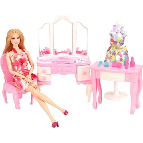 Fashion 18 Items/lot Dolll House Accessories= Random Colors Chair Desk Mirror Mini Furniture For Barbie Make Up Dressing Game