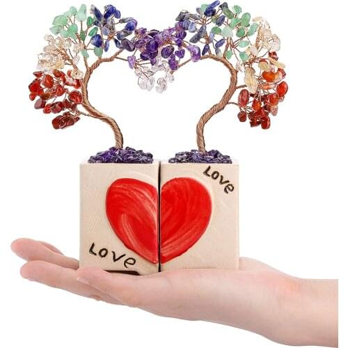 YJXP 7 Chakra Healing Crystals Stones Tree Home Desk Decoration 2 Pcs Couples Love Heart Decor Valentines Day Gifts
