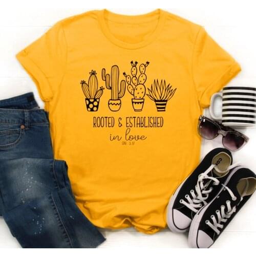 Rooted & Established In Love Ephesians 3:17 T-shirt Funny Bible Verse Christian Quote Tshirts Cute Women Cactus Plants Tops Tees