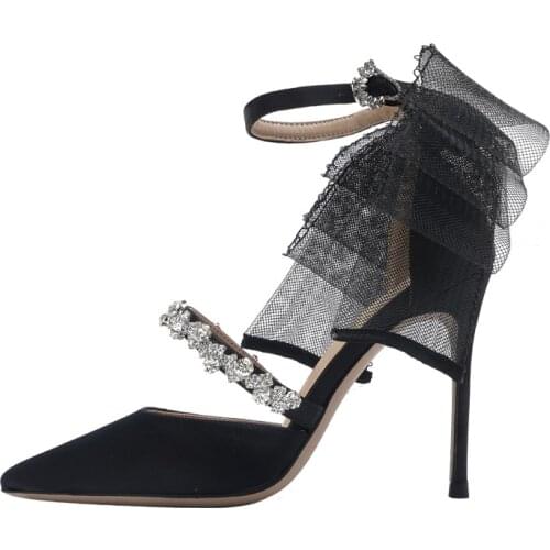 Womens Pointy Toe Bow Mesh Stilettos High Heel Rhinestones Crystal Pumps Shoes Wedding Bridal Party Sexy Black White New 2021