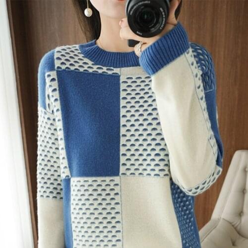 2021 new autumn and winter cashmere sweater womens color blocking round neck loose Pullover versatile 100% wool knitted bottom