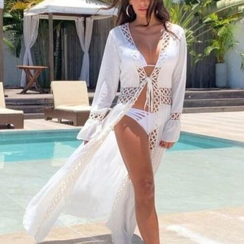 Women Flare Long Sleeve Swimsuit Bikini Cover Up Hollow Out Lace Trim Open Front Kimono Cardigan Blouse Maxi Beachwear