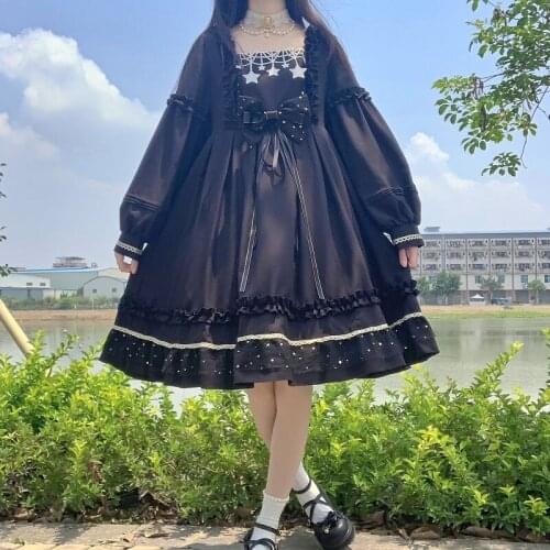 Japanese Sweety Soft Girly Lolita Ball Gown Vintage Star Ruffle Lace A-Line Black Dress Square Collar Bow Cute Puff Sleeve Dress