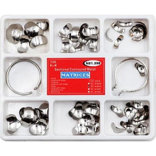 100pcs Dental Matrix Sectional Contoured Metal Matrices No1.398 Full Kit with 2pcs Ring for Teeth Replacement