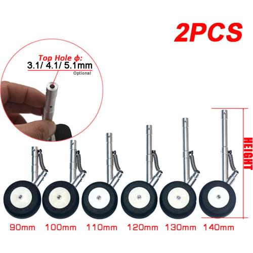 Top Hole 3.1/4.1mm CNC Aluminum Retractable Spring Landing Gear Height 90mm-140mm with 45mm Spomge Wheel For Fixed RC Airplane