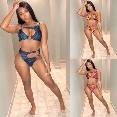 2021 Bikini Split Swimsuit Ring Decoration High Waist Swimwear Women Thong Bathing Suit Bandeau Beach Wear Biquini Bather