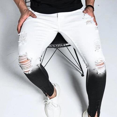 2021 Fashion Mens Skinny Stretch Ripped Male Jeans Slim Fit Denim Trousers Streetwear Gradient White Black Skinny Jeans Men 3xl