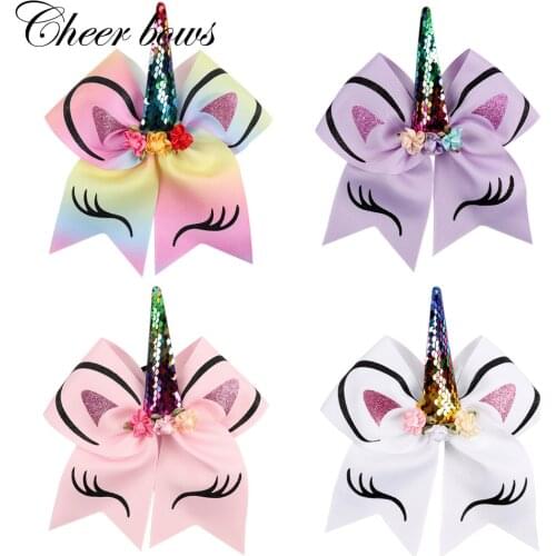 8pcs/lot 8"Rainbow Unicorn Sequin Cheer Bow With Elastic Band Glitter Printed Hair Bow with Flowers Children Hair Accessories