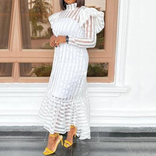 African Dresses For Women 2021 Elegant Striped White Long Sleeve Midi Dress Fashion See Through Daily Party Dress Africa Clothes