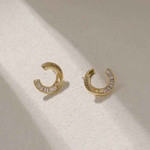 ALLNEWME Simple Letter Print C Shape Hoop Earrings for Women Dainty Brass Gold Bling Rhinestone Irregular Statement Earring Gift