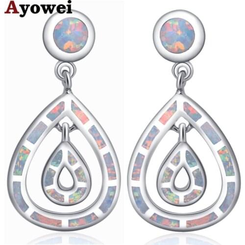 Ayowei Special Design Water Drops Earring White Fire Opal 925 Silver Stamped Drop Earrings OE740A