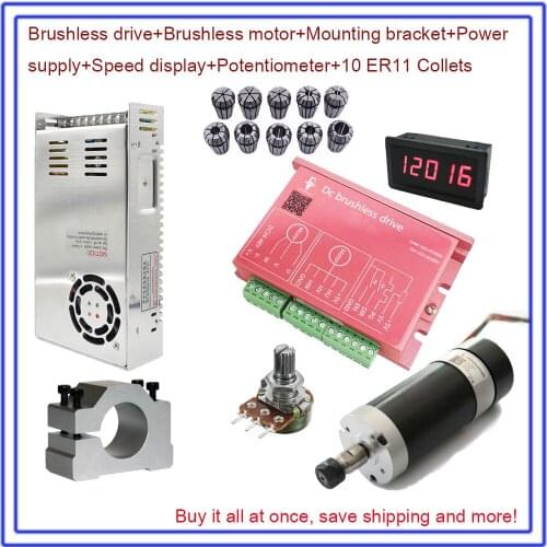 Brushless Spindle ER11 DC48V 500W 60Ncm 12000rpm Motor& Driver& Power Supply & Speed Indicator & Potentiometer & 10pcs Collets
