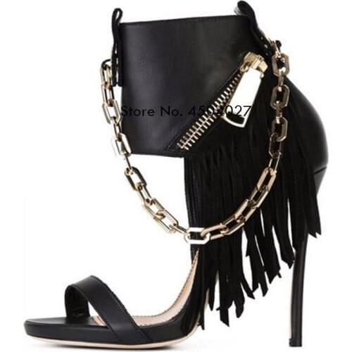 Ladies Tassel Open Toe Gladiator Sandals Chain Embellished Dress High Heels Black Fringe Party Women Shoes