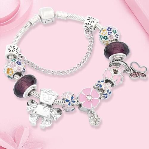 Dropshipping New Romantic Colorful Cherry Blossoms Flower Charm Bracelet Silver Color Flower Fairy Robot Bead Bracelet Pulseras