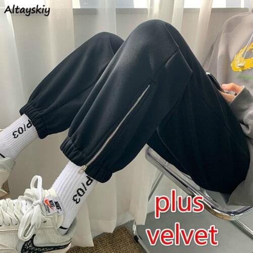 Pants Women Solid High Waist Side Slit Zippers Thicker Plus Velvet College Korean Style Slim Comfortable Female Workout Trouser