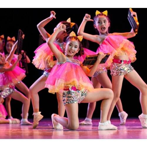 Girls Tutu Children Jazz Costumes Girls Modern Dance Sequin Performance Hip Hop Costume For Kids Girls Stage Cheerleading Dress