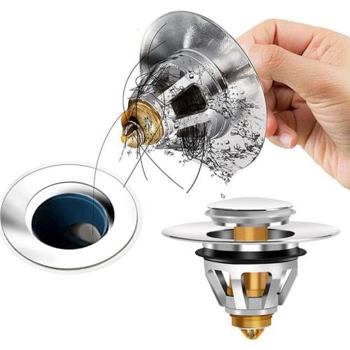 All Brasss Stainless Steel Bounce Core Push-type Drain Filter Universal Wash Basin Push-type Hair Catcher Sink Bathtub Plug Trap