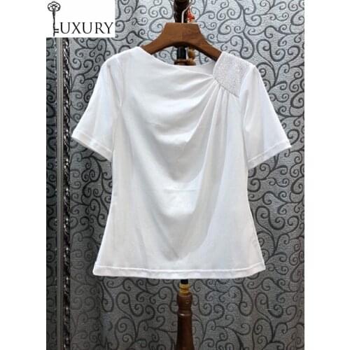 T-Shirt 2020 Summer 100%Cotton Fashion Tops Women Sequined Beading Deco Short Sleeve Casual White Grey Black Coffee Tshirts