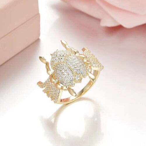 SOELLE 100% 925 Sterling Silver Full Micro Cubic Zirconia Gold Color Scarab Finger Ring Fine Egypt Women Luxury Brand Jewelry