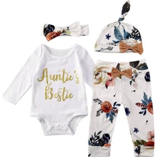 4Pcs Newborn Toddler Baby Girl Floral ClothesLong Sleeve Romper Tops+Flower Long Pants Leggings+Headband+Hat Autumn Outfits