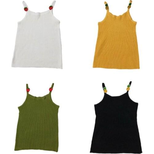 Women Summer Sleeveless Tank Top Ice Silk Ribbed Knitted Basic Camisole Streetwear Cute Embroidery Pineapple Strawberry Spaghett