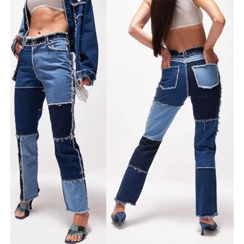 Fashion patchwork ripped straight jeans Women high waist blue denim vintage pants Summer casaul streetwear oversize cargo jeans